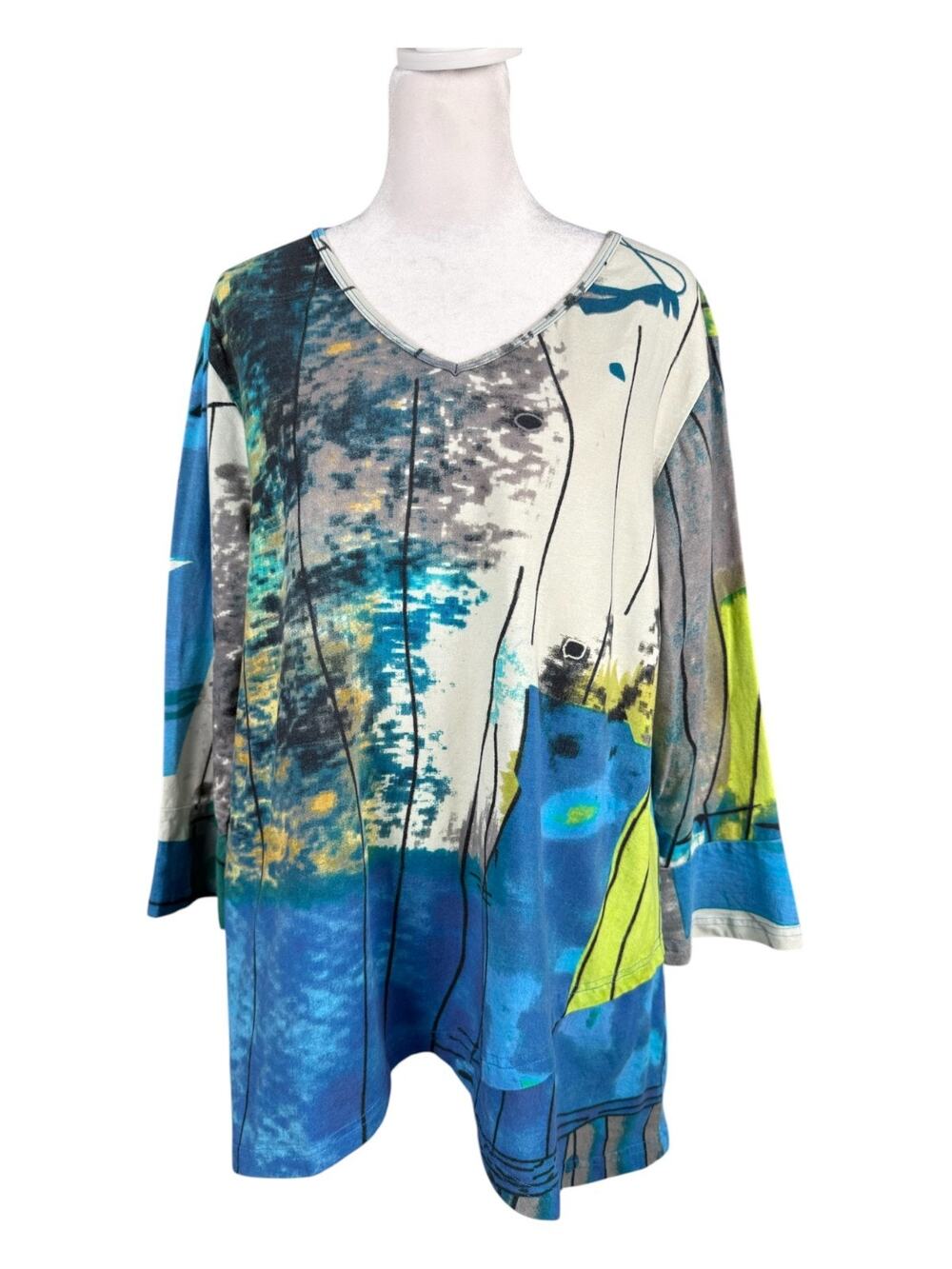 Parsley & Sage XL Tunic Top Abstract Art 3/4 Sleeve Bell Cuffs Asymmetric Hem